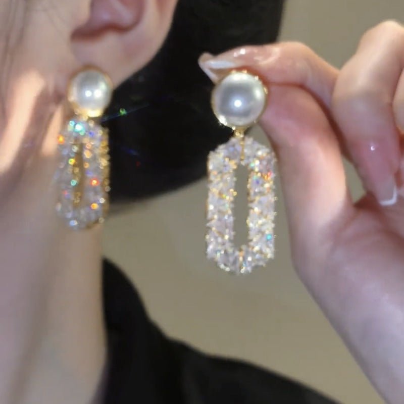 Elegant Oval Full Diamond Pearl Drop Earrings, Special Design for Her