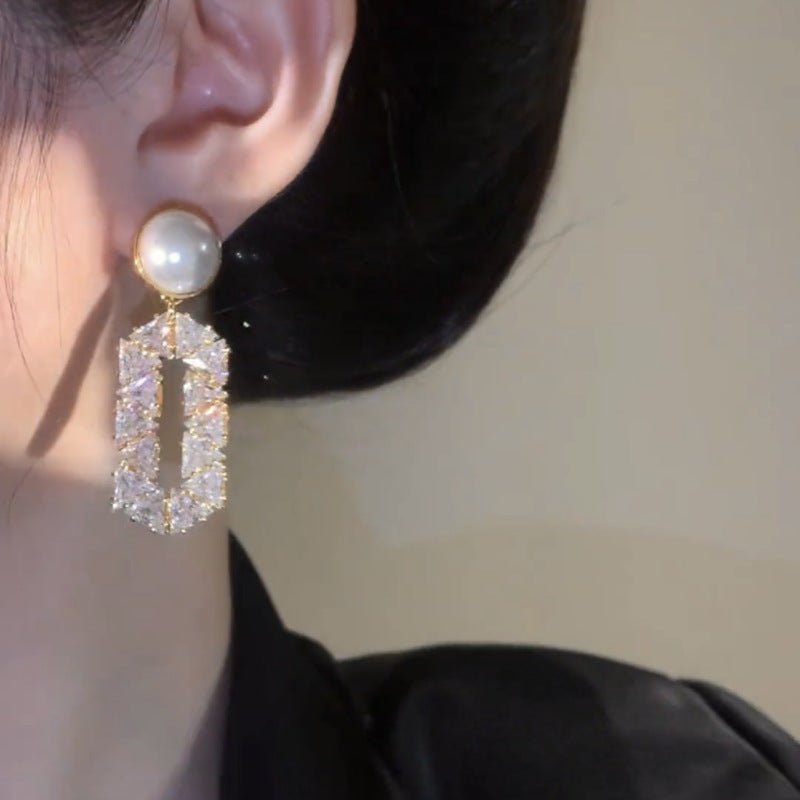 Elegant Oval Full Diamond Pearl Drop Earrings, Special Design for Her