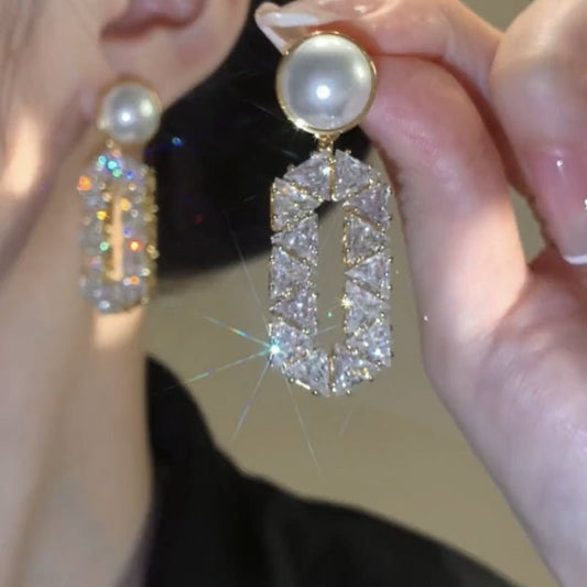 Elegant Oval Full Diamond Pearl Drop Earrings, Special Design for Her