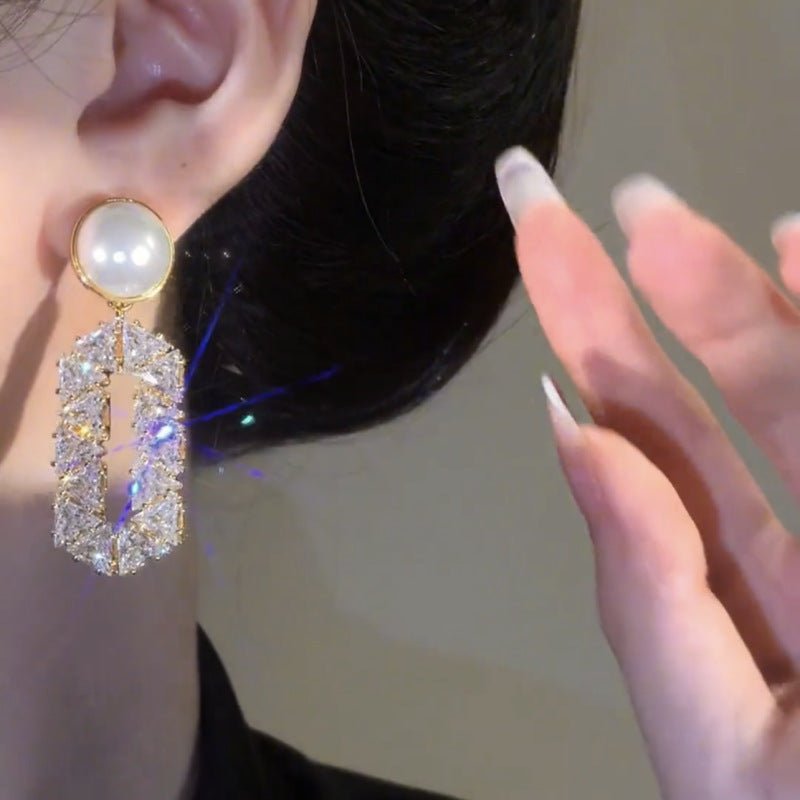Elegant Oval Full Diamond Pearl Drop Earrings, Special Design for Her