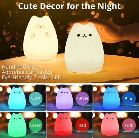 Soft Squishy Cat Light: 8-Color Changing LED Night Lamp for Kids